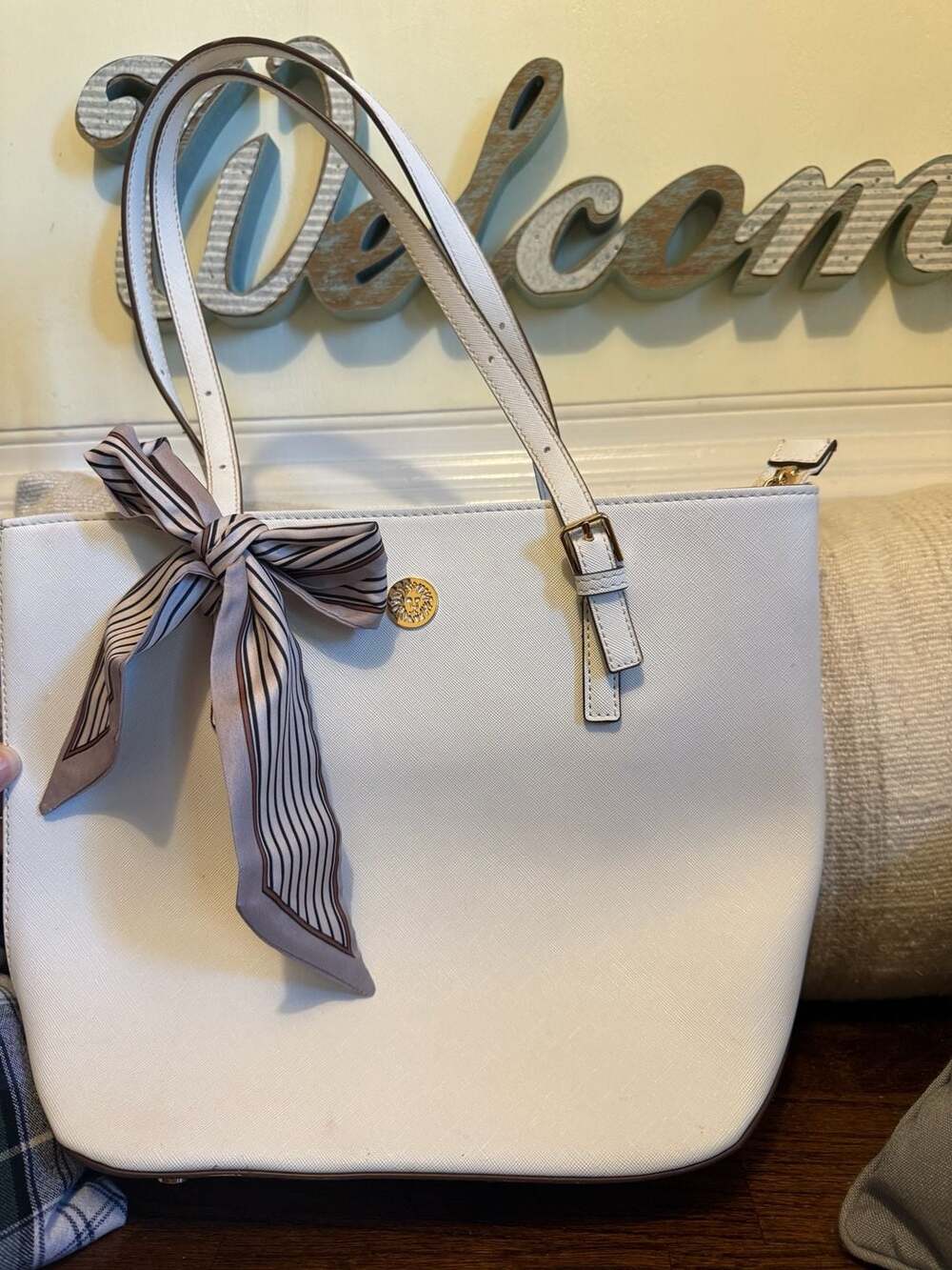 Anne Klein Saffiano Tote Handbag White With Scarf